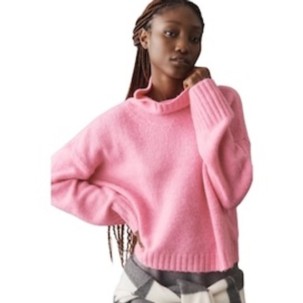 Anthropologie x Pilcro | Turtleneck Sweater S Pink Wool Blend Fuzzy Knit Cropped